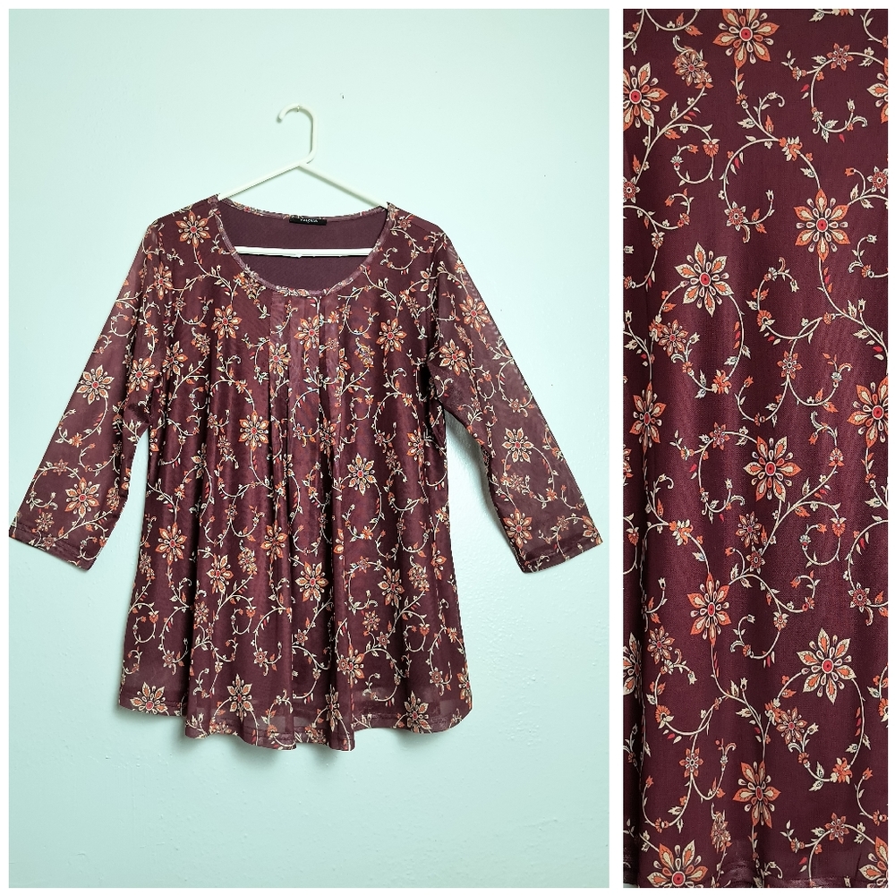 Valolia L Vintage Y2K Mesh Babydoll Tunic Blouse Brown Floral Print